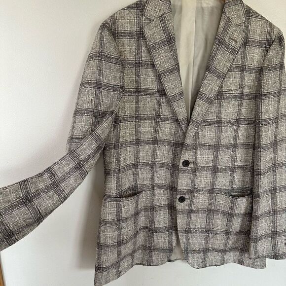 Suitsupply Men’s Textured Linen Blend Havana FL Cream Grey Black Check Windowpan - Picture 8 of 16